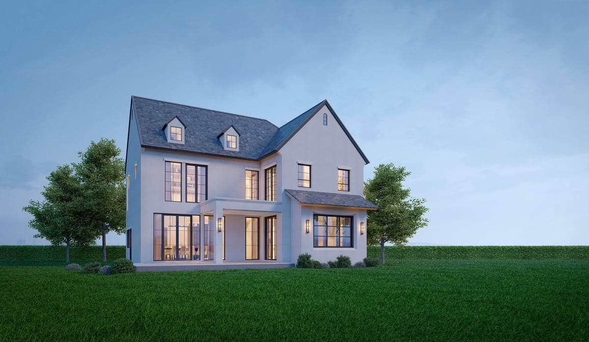 Cottage house exterior with lawn grass and blue sky evening scenery.3d rendering