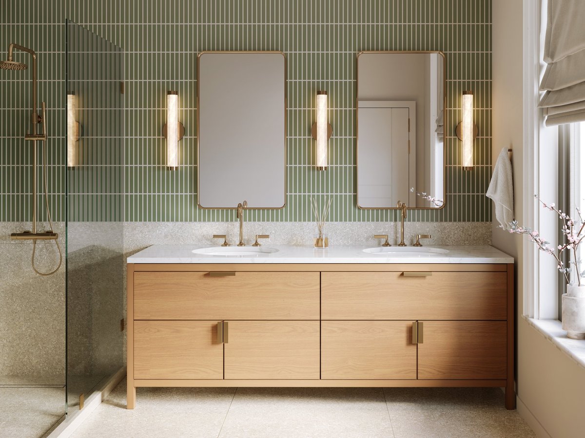 3d render - a modern bathroom with green wall tile and terrazzo wall and floor tile, brass plumbing fixtures , brass mirrors and marble countertop. An eclectic luxurious design