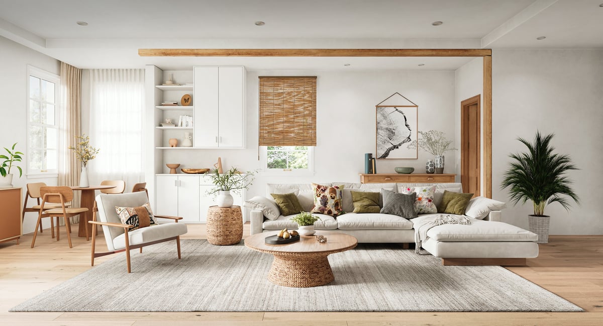 Bright modern Scandinavian living room interior with natural wood furniture, neutral color palette, cozy sofa, woven textures and indoor plants.