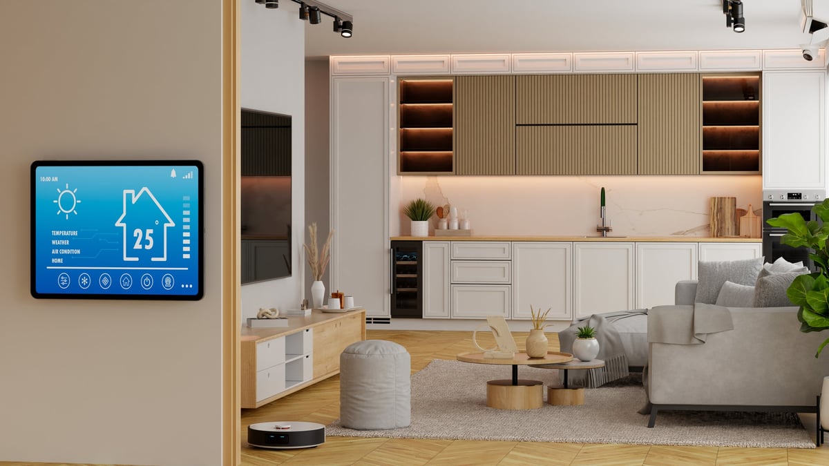 Smart home automation system interface on wall tablet in modern living room with robot vacuum cleaning floor- 3D rendering