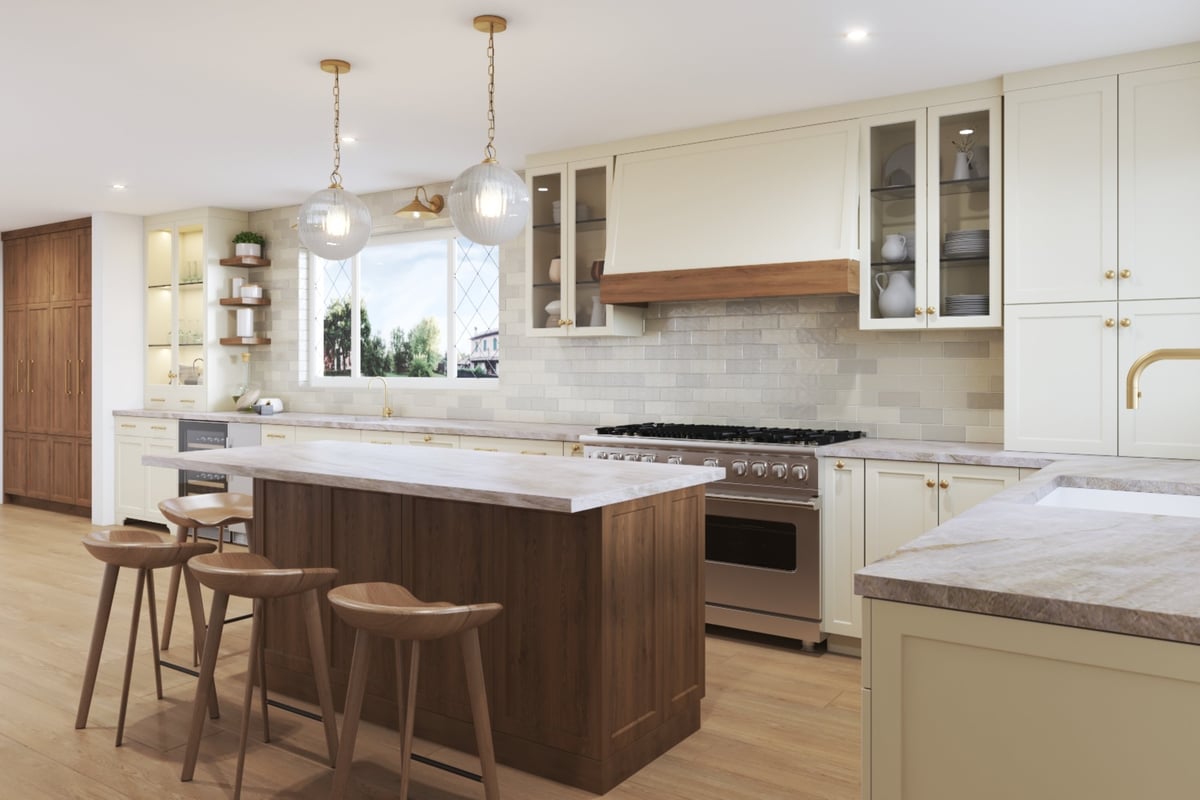 A spacious modern kitchen featuring a wooden island with bar stools, pendant lighting, and a stylish backsplash. The kitchen includes stainless steel appliances and large windows allowing natural light to illuminate the space.