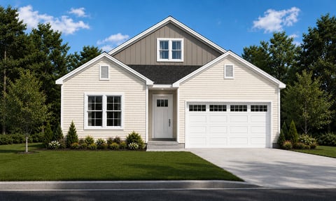 Modern white suburban house with attached garage, manicured lawn, and landscaping under blue sky