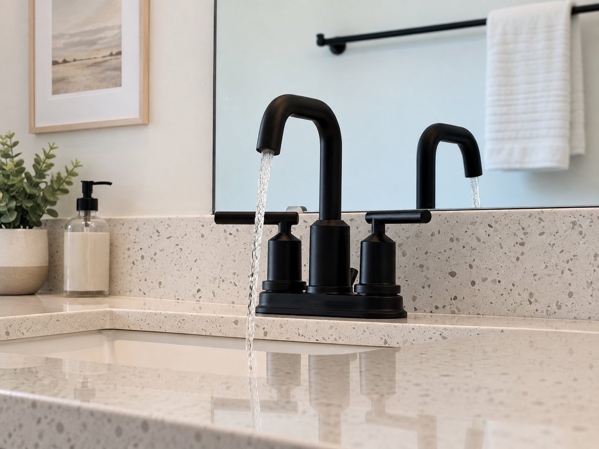 Modern bathroom sink with dual black faucets running water, speckled countertop, mirror, and white towel rack above
