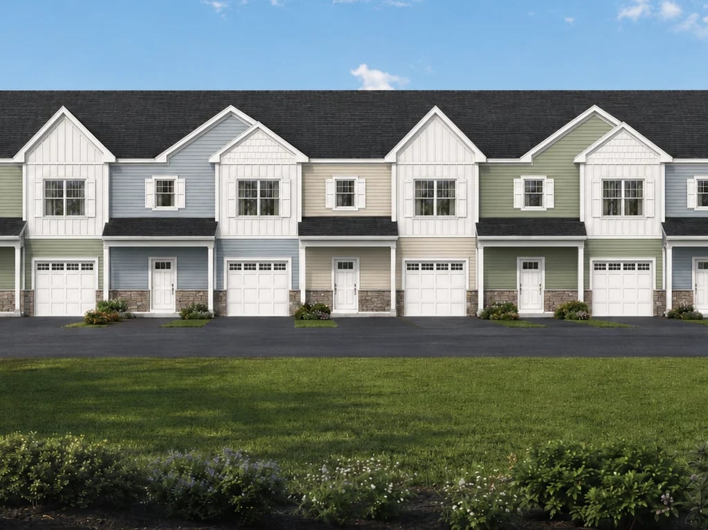Row of modern townhomes with white and green facades, attached garages, and green lawn