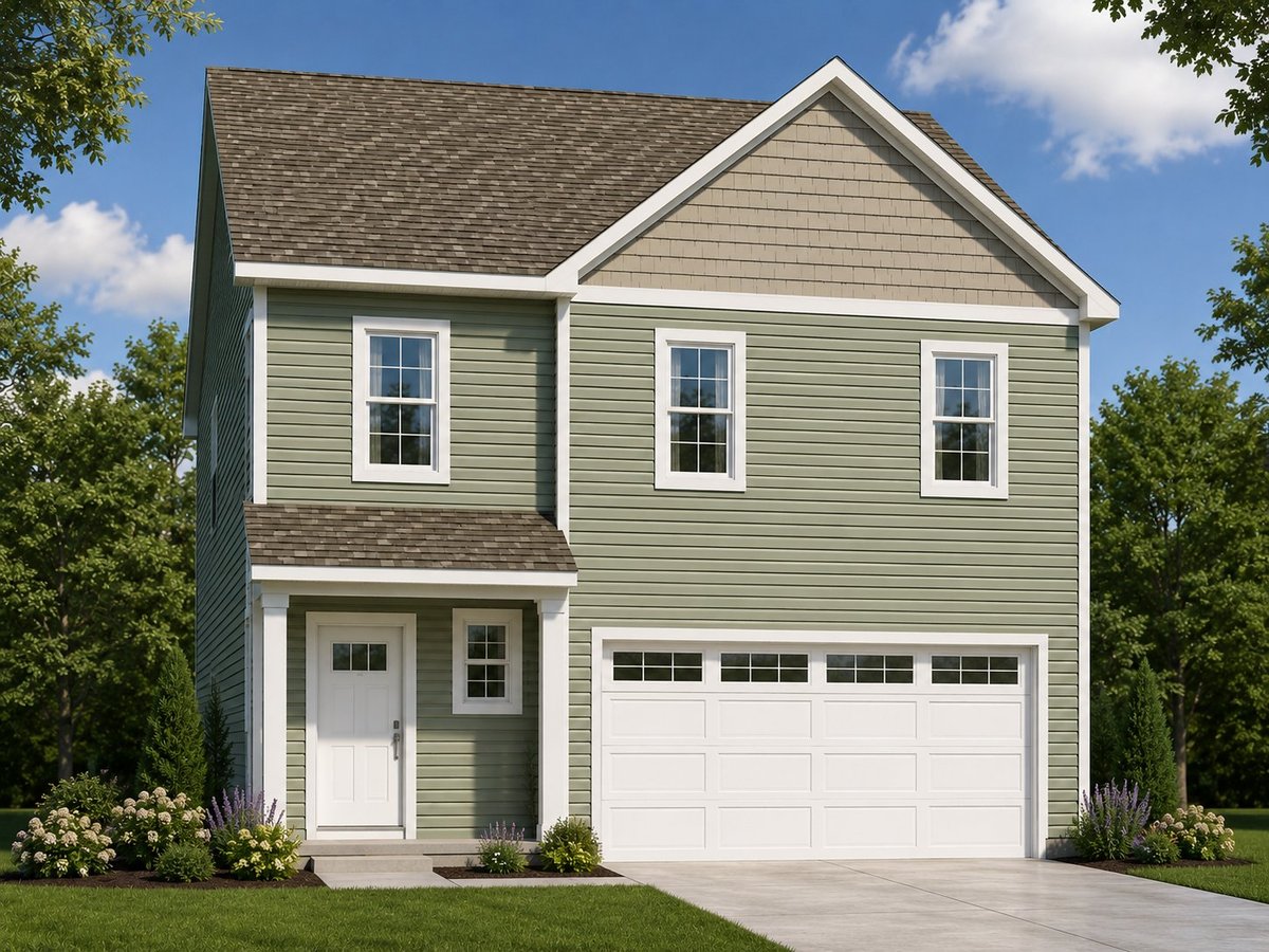 Two-story light green house with white trim, two-car garage, front entry porch, and three front-facing windows on a tree-lined lot.