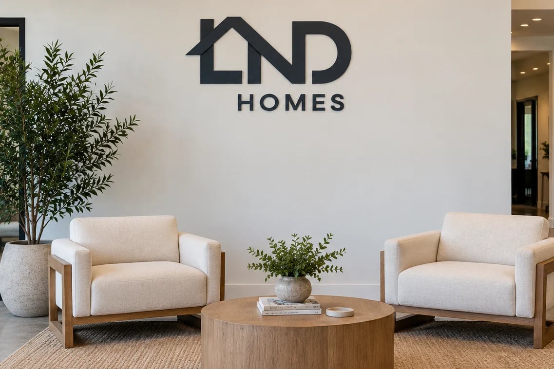 Modern office waiting area with LND Homes logo on wall, two cream upholstered chairs, round wooden table, and potted plants