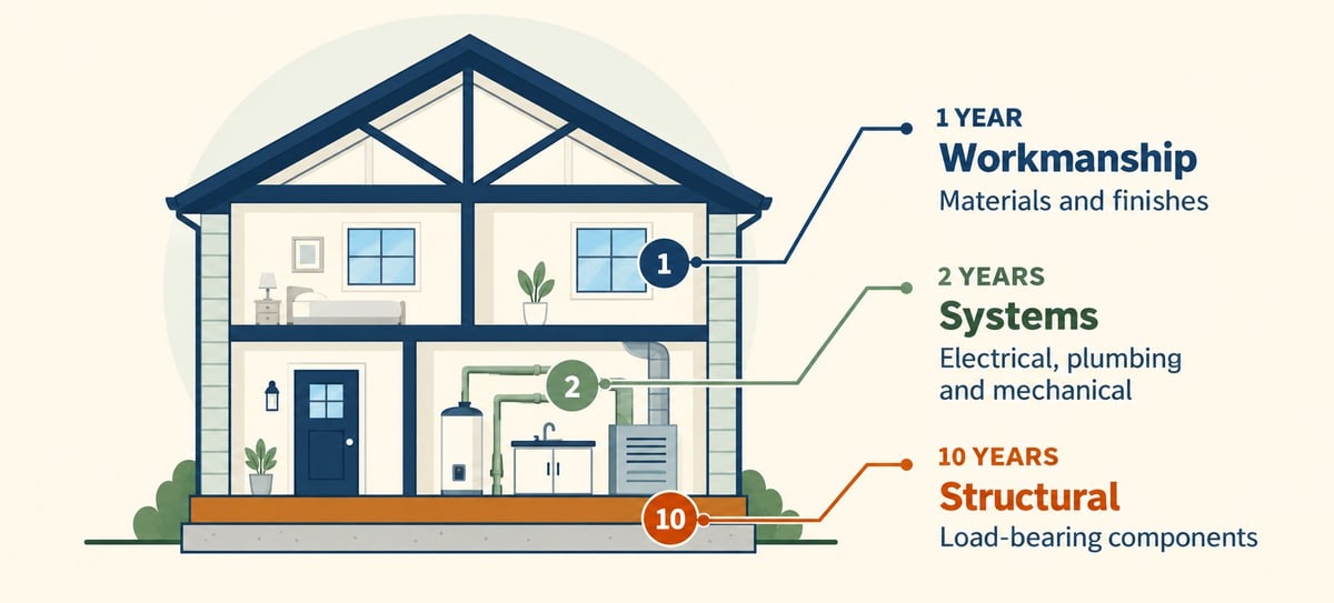 Cross-section of a house showing 1-year workmanship warranty, 2-year systems warranty, and 10-year structural warranty coverage