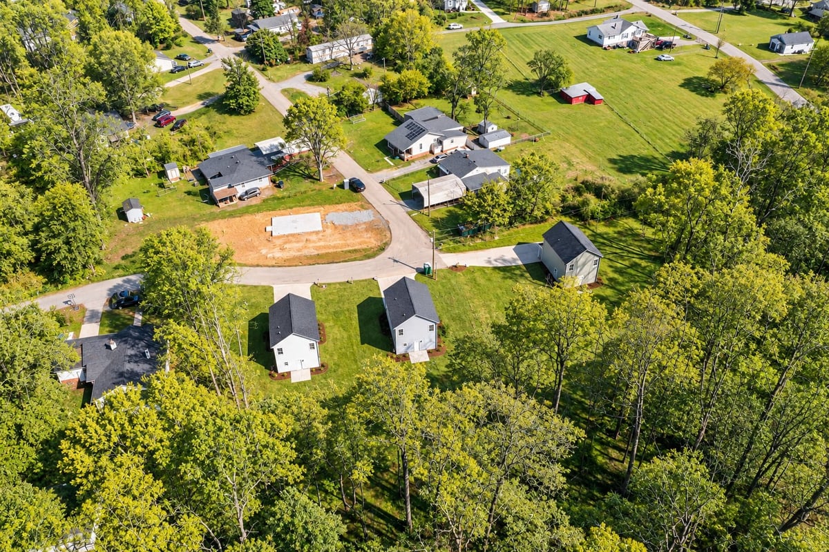 Aerial view of residential neighborhood with scattered houses, trees, driveways, and green lawns