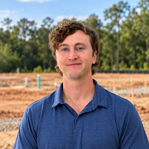 Man in blue polo shirt smiling at camera in front of plowed field and trees