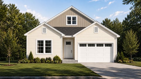 Modern single-story white house with gray roof, large garage, and manicured lawn surrounded by mature trees