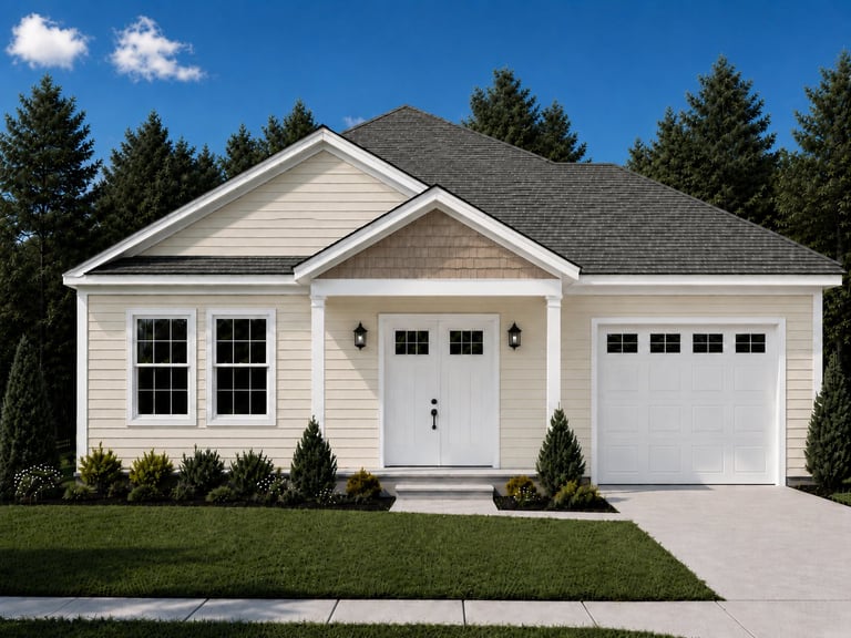 New single-story white house with garage, gray roof, black shutters, and evergreen trees in background