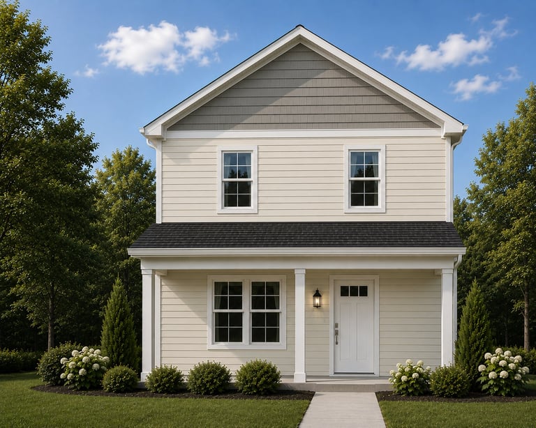 Modern white two-story house with black shutters, front porch, and white hydrangeas landscaping against a blue sky