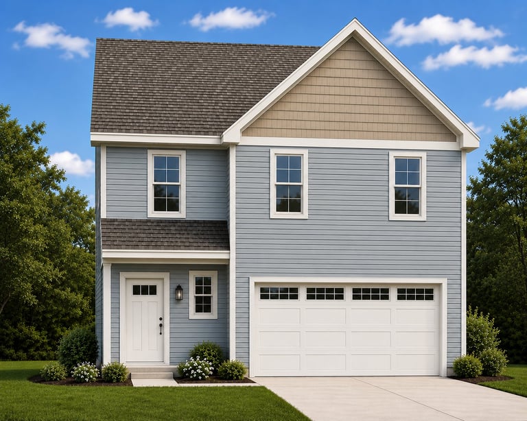 Two-story light blue residential home with white trim, garage door, and peaked roof on manicured green lawn with trees.