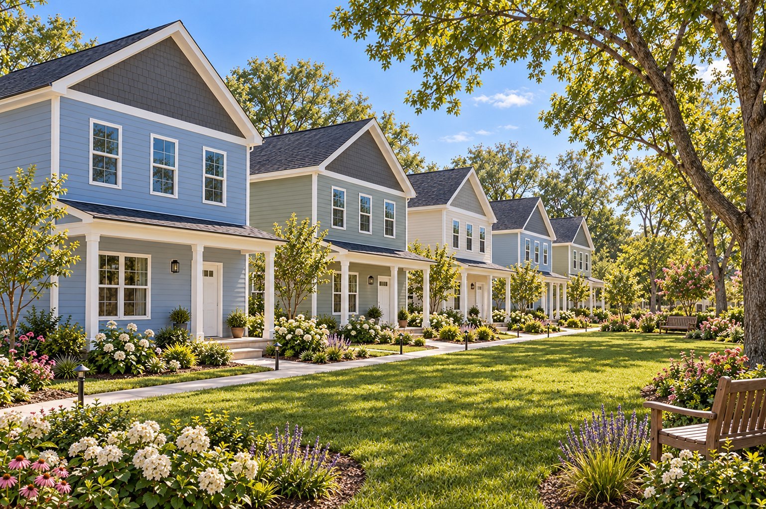 Row of blue and gray residential houses with white trim on a tree-lined neighborhood street with manicured lawns and landscaping