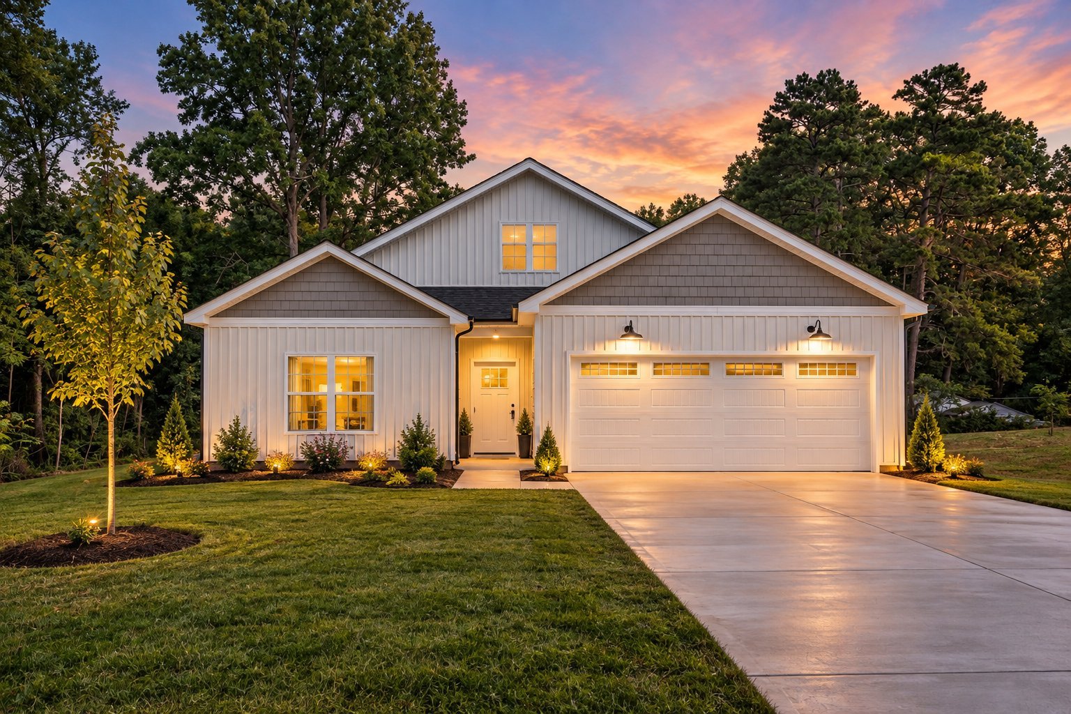 Modern single-story house with white exterior, two-car garage, and illuminated windows at dusk with green lawn and mature trees.
