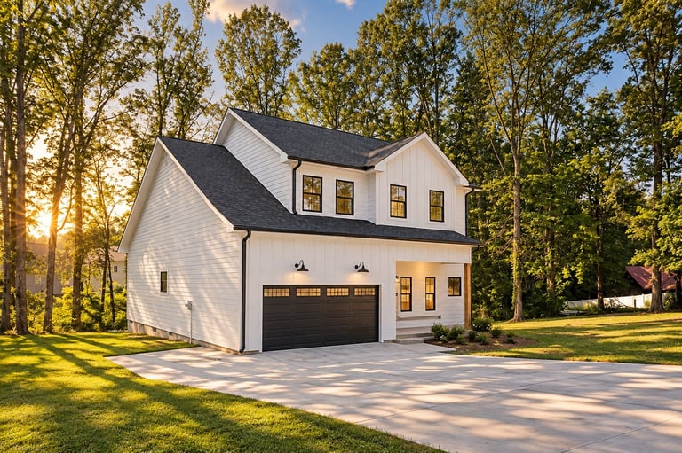 Completed LND Homes modern white two-story house with black roof and garage surrounded by tall trees