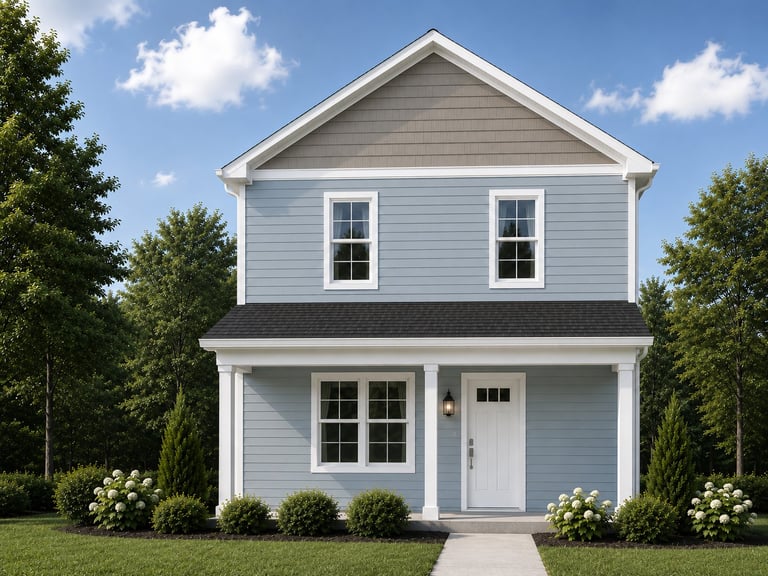 White two-story farmhouse with gray roof, front porch, and landscaped lawn with shrubs