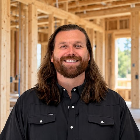Man with long dark hair and beard smiling at camera in unfinished wooden building interior