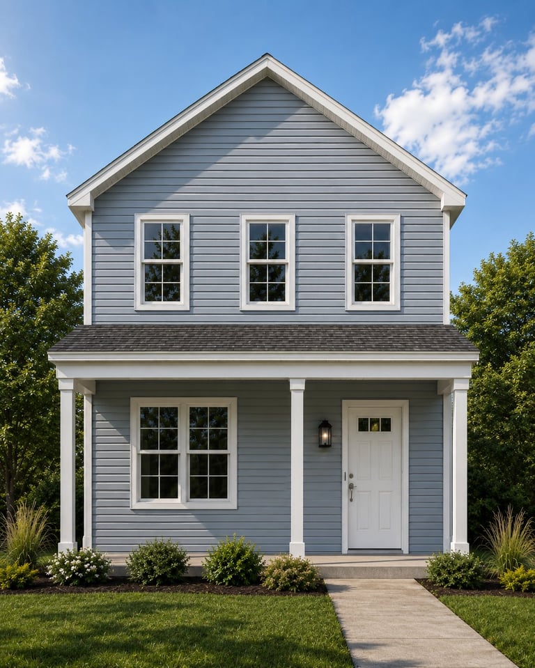 Two-story light blue house with white trim, gabled roof, front porch, and manicured lawn under clear blue sky