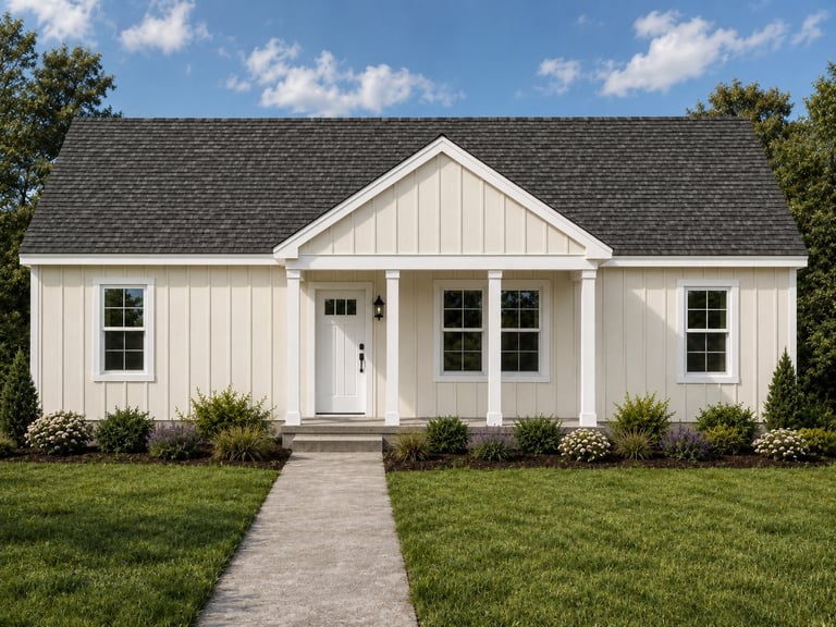 White single-story modern farmhouse with gray roof, front porch, and landscaped lawn