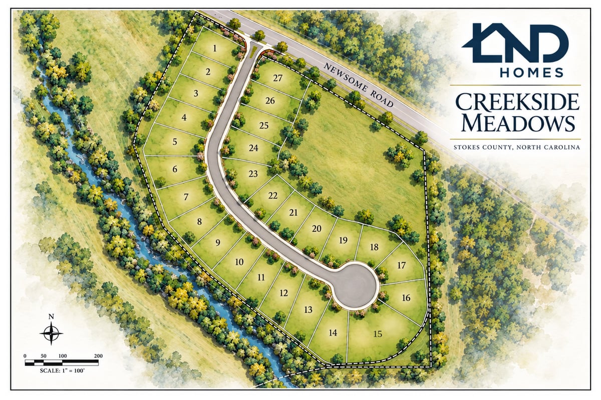 Aerial map of Creekside Meadows residential development in Stokes County, North Carolina, showing numbered home lots among green spaces and tree coverage.