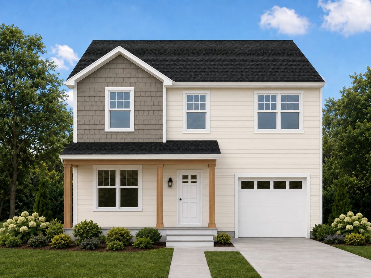Two-story modern colonial house with gray and white exterior, attached garage, front porch, and landscaped yard