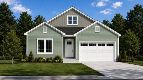 Modern gray and white single-story house with two-car garage, surrounded by evergreen trees and manicured lawn