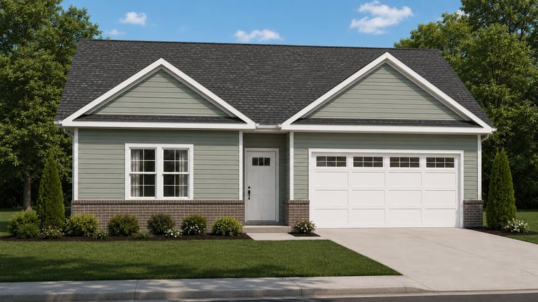 Modern single-story house with gray siding, white trim, two gabled roofs, and two-car garage on a landscaped lawn.