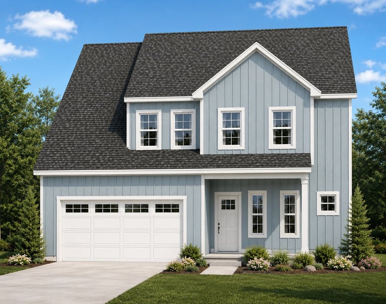 Two-story gray and white farmhouse with black roof, white garage door, and landscaping against blue sky
