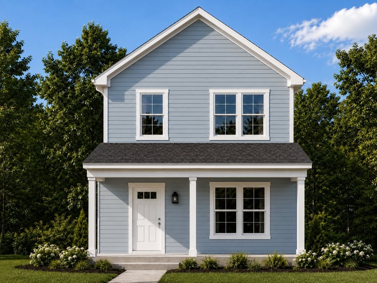 Two-story light blue farmhouse with white trim, front porch, and surrounded by green trees and landscaping