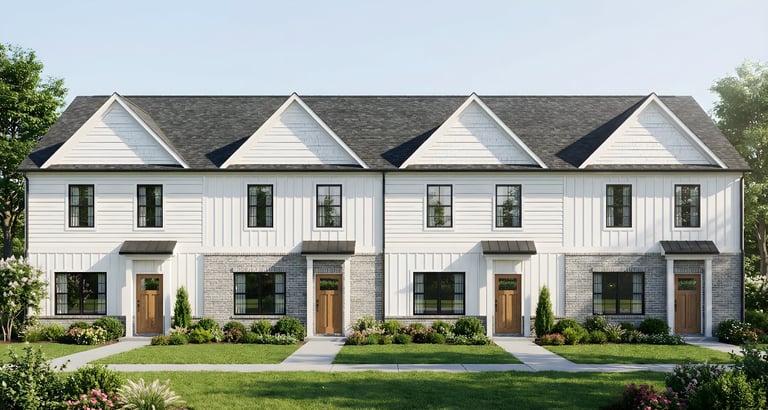 Modern white townhouses with peaked roofs and black windows in a row along a landscaped lawn