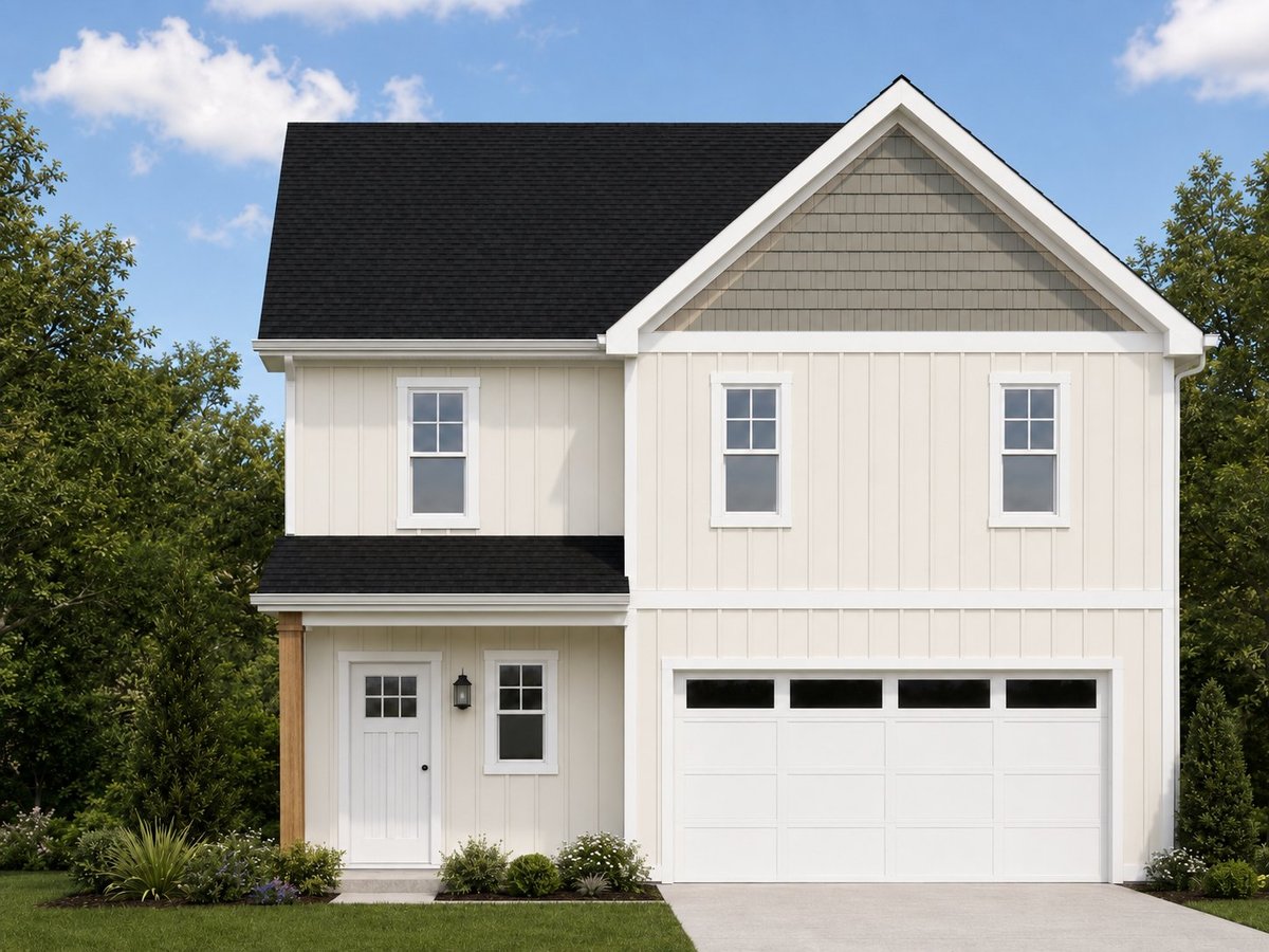 Modern two-story white house with black roof, white garage, and front porch surrounded by trees