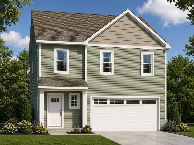 Two-story green and white suburban house with two-car garage and manicured front landscaping