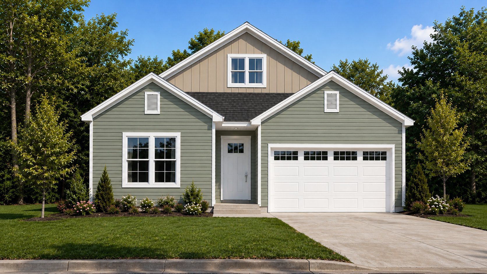 Modern two-story house with gray siding, white trim, attached garage, and landscaped front yard under blue sky
