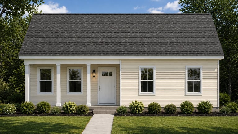 White single-story cottage with gray roof, front porch, white door, multiple windows, and landscaping.