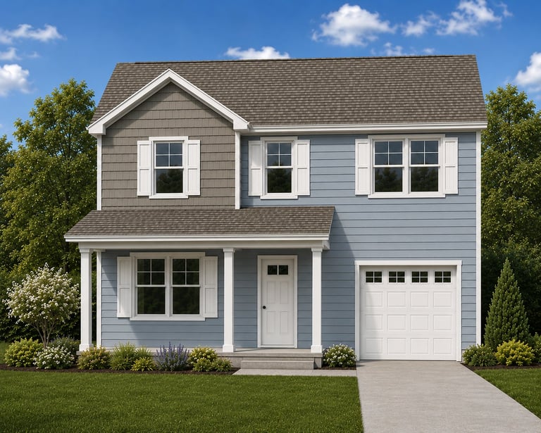 Two-story gray and white residential home with attached garage, white trim, and landscaped yard against blue sky