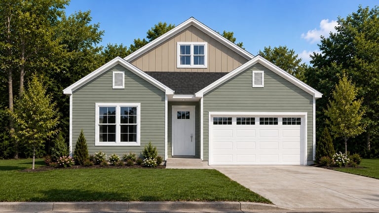 Modern single-story house with gray siding, white garage door, and gable roof surrounded by trees and landscaping