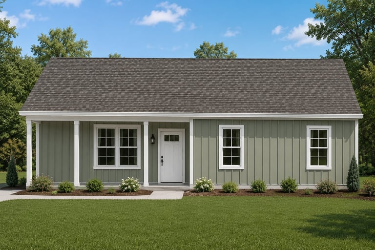Modern farmhouse style cottage with gray and white exterior, front porch, and manicured lawn surrounded by trees