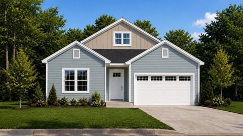 Modern single-story house with gray siding, white trim, two-car garage, and manicured lawn surrounded by trees