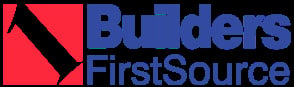 Builders FirstSource logo featuring red square with black diagonal beam and blue text
