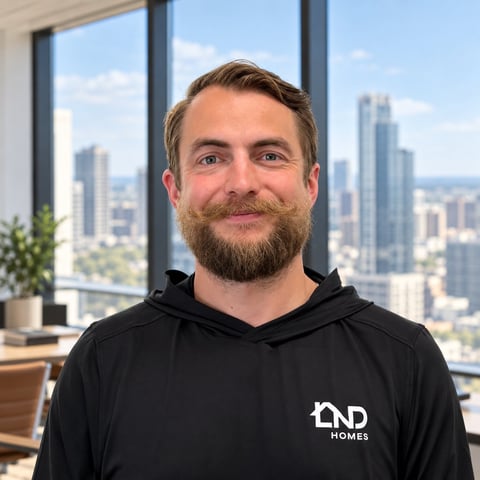 Man with beard wearing black AND Homes hoodie standing in front of floor-to-ceiling windows overlooking city skyline