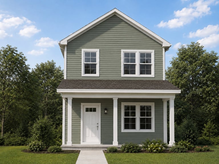 Two-story gray farmhouse with white trim, front porch, and large windows surrounded by green landscaping