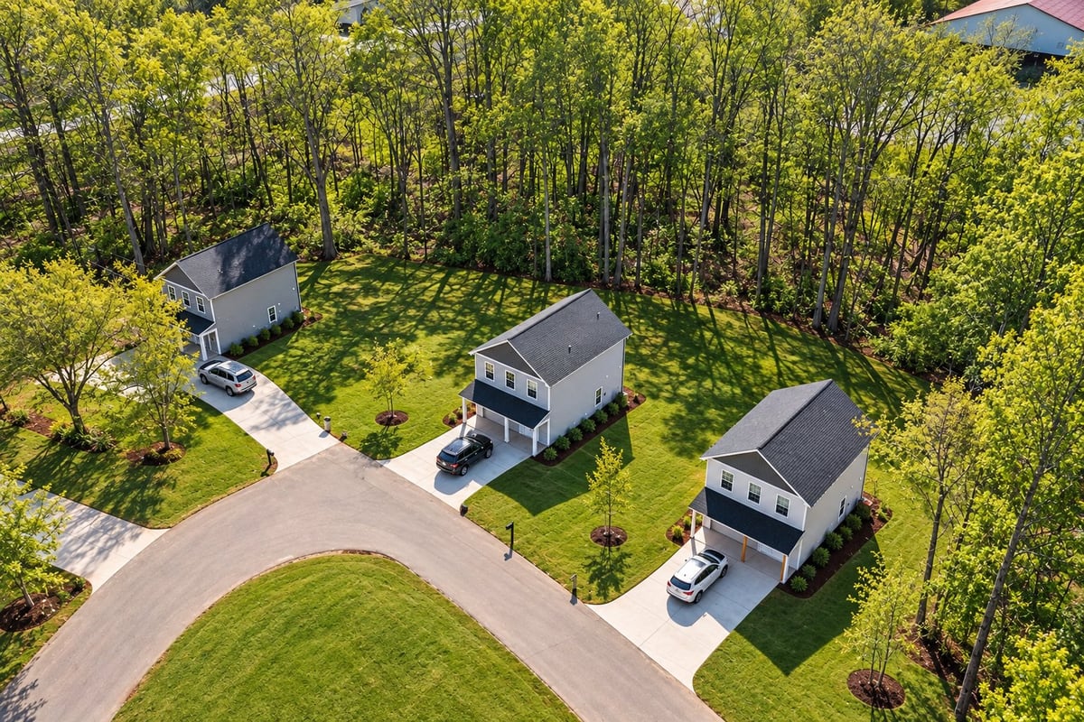 Aerial view of three modern houses with driveways arranged in a wooded residential neighborhood surrounded by green trees and landscaping