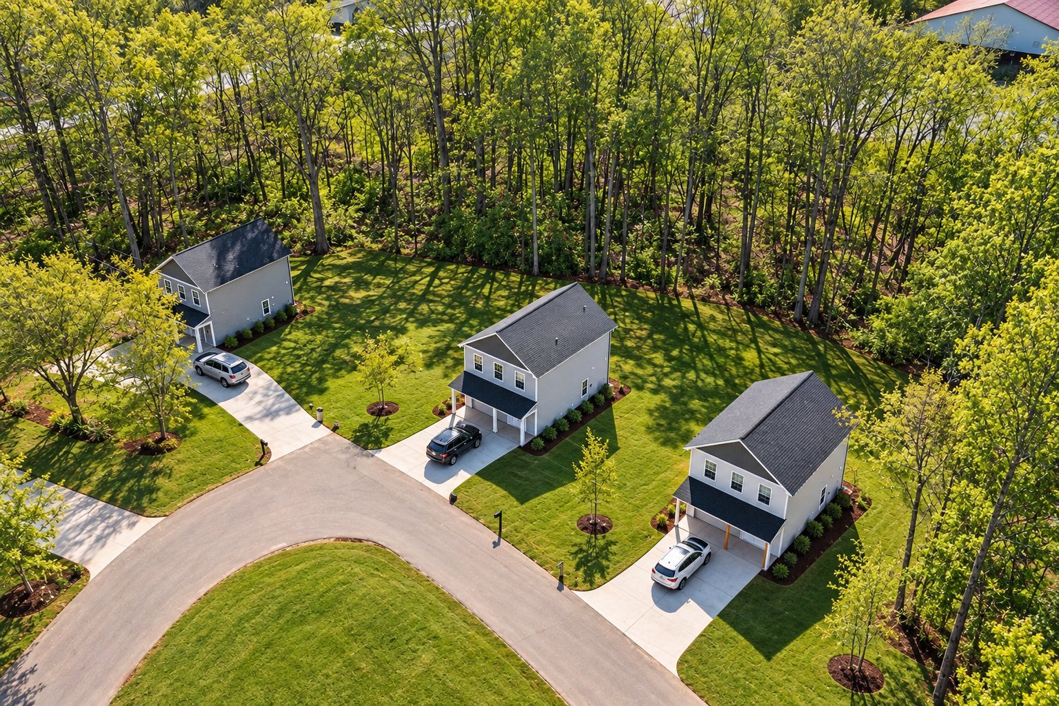 Aerial view of modern LND homes with driveways arranged in a wooded residential neighborhood