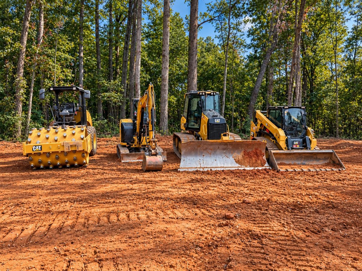 Row of construction equipment including bulldozers and graders lined up on red dirt with forested background
