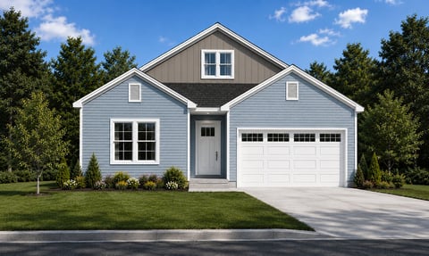 Modern two-story single-family home with white siding, two-car garage, and landscaped front yard on a residential street