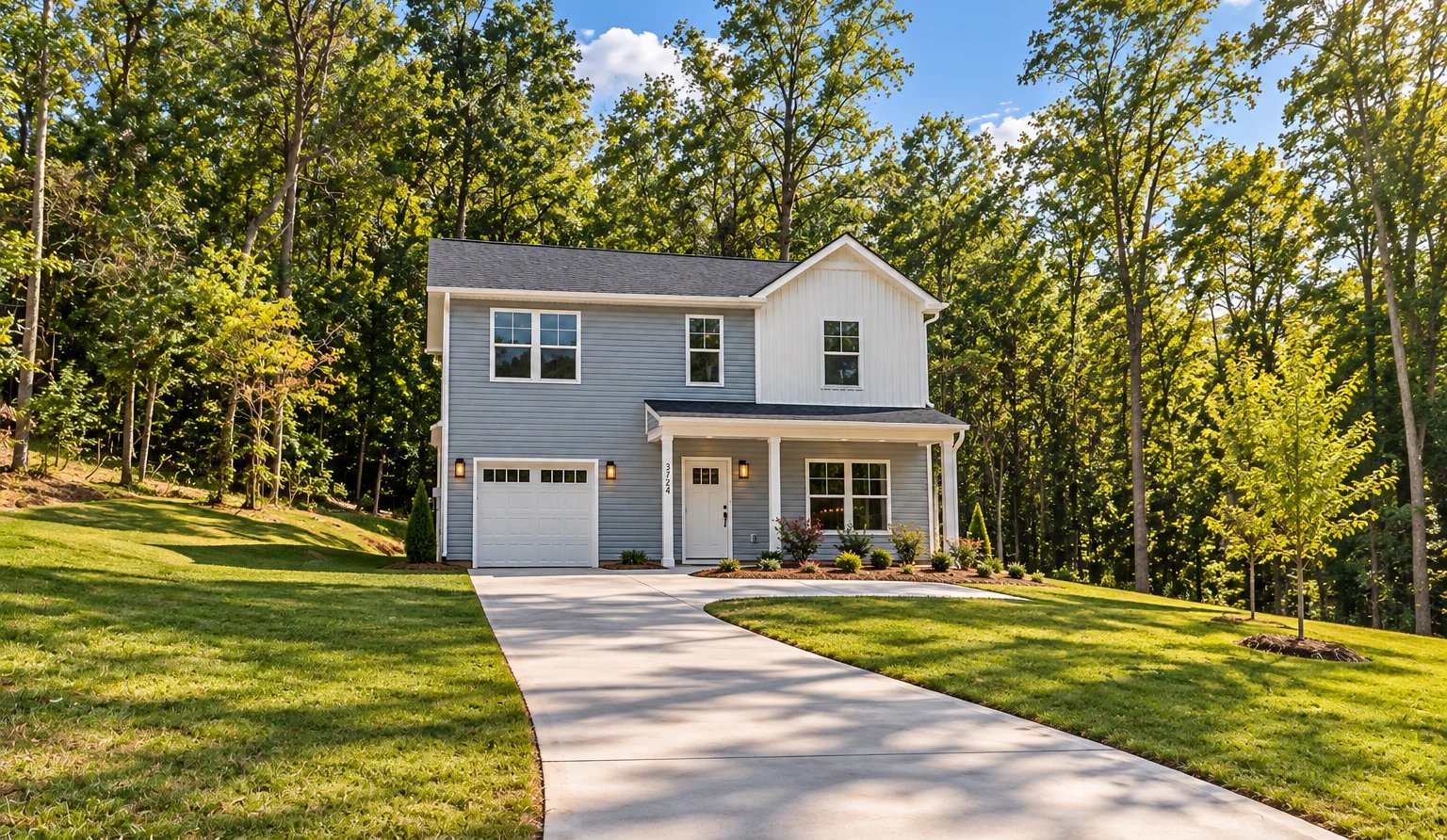 Modern two-story white house with garage on landscaped lawn surrounded by trees