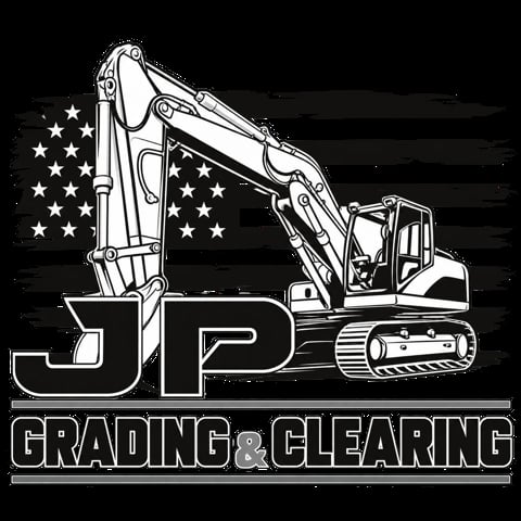 JP Grading and Clearing logo featuring an excavator with American flag background in black and white