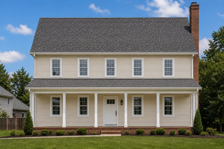 Two-story white farmhouse with gray roof, brick chimney, front porch with white columns, and manicured lawn on sunny day