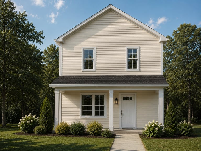 White two-story farmhouse with gray roof, front porch, and landscaping surrounded by trees